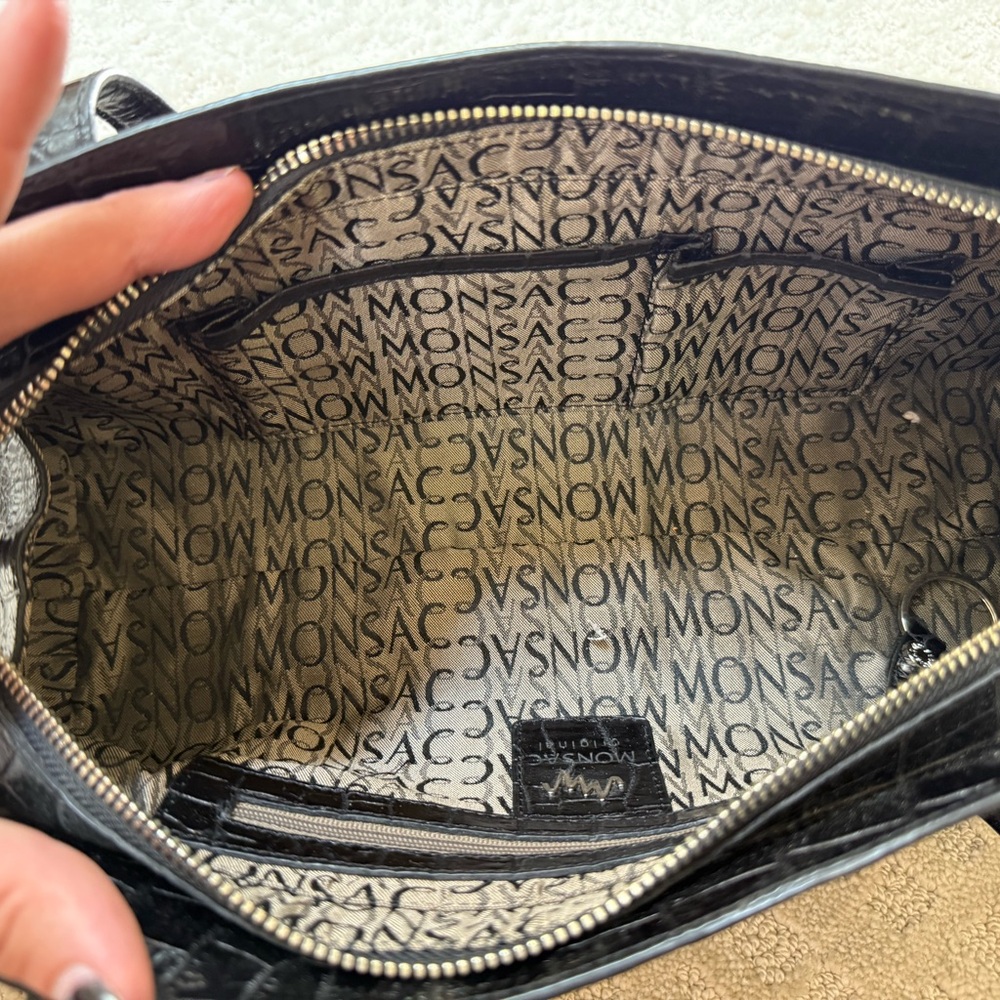 Monsac Black Leather Shoulder Bag with Zipper Details